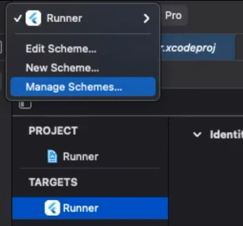 Xcode > Runner > Manage Schemes