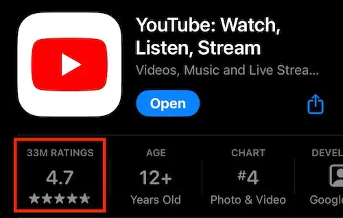 YouTube app ratings